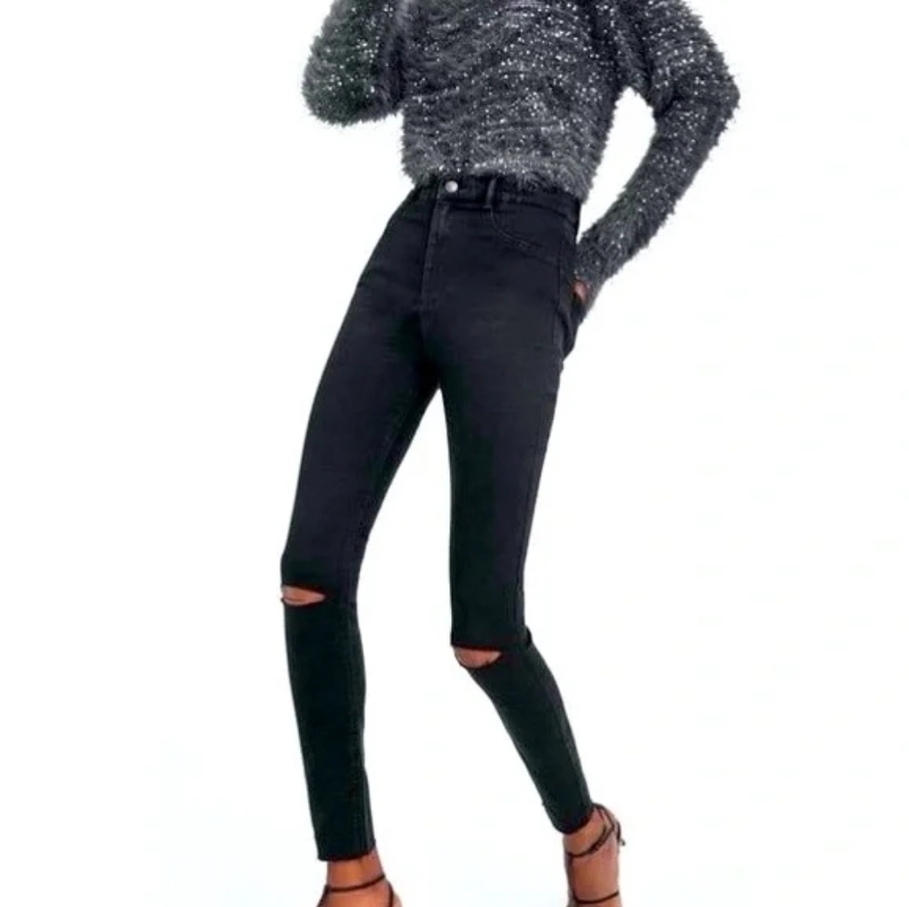 Zara Z1975 Mid Rise Skinny Jeans Black Ripped Knees 38 / 6 - Picture 4 of 16